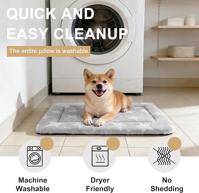 Dog Bed Mat – Soft & Comfortable Dog Kennel Pad for Crate – Durable Crate Bed & Mat for Dogs & Cats – Ideal for Crate, Kennel, and Home Use (Big&Little Stars Grey, S(24"*18"*1.5"))