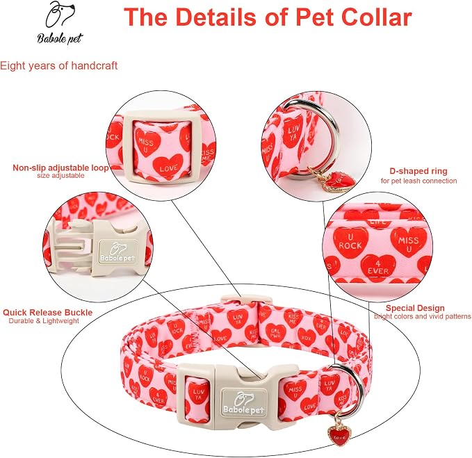 Valentines Dog Collar for Medium Dogs - Valentine Red Conversation Hearts Dog Collars, Love Boy Girl Dogs Collars, Lightweight Adjustable Cute Puppy Collar with Quick-Release Buckle M