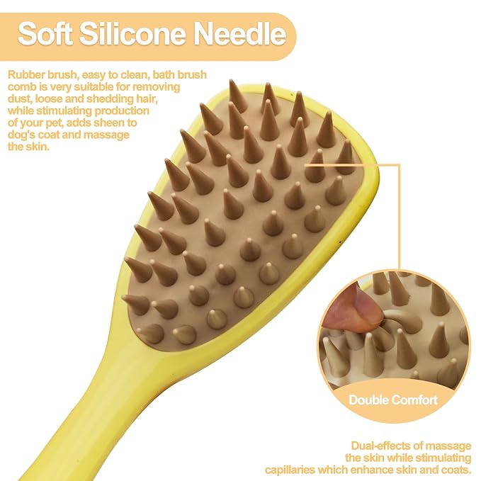 Pet Silicone Shampoo Brush for Long Short Hair Dogs Cats Washing, Dog Washing Brush with Handle for Bathing, Massaging, Hair Removal, on Wet or Dry Hair (Yellow)