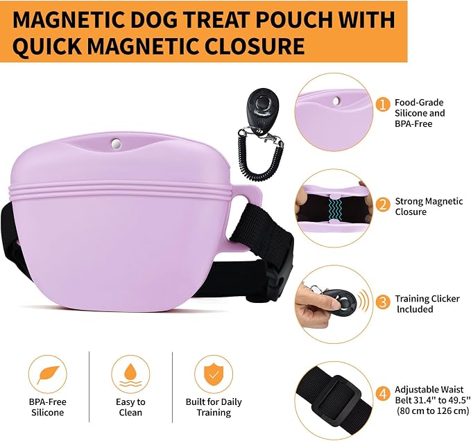 Silicone Dog Treat Pouch with Training Clicker | Upgraded Magnetic Closure, 1.6 Cup Capacity, Food-Grade Silicone, Easy Cleaning, Adjustable Belt for Training and Walking