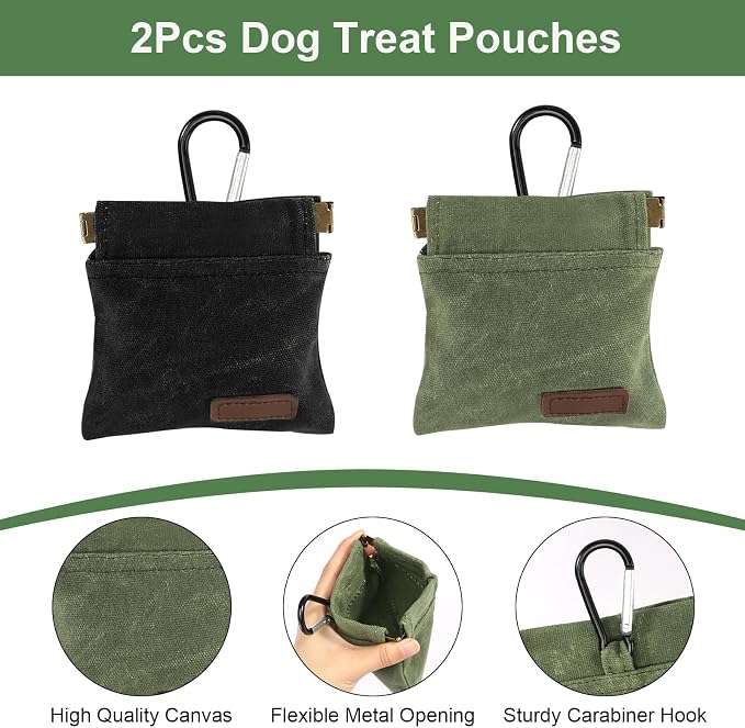 2Pcs Dog Treat Pouch, Dog Treat Pouches for Pet Training, Portable Auto Closing Dog Walking Bag with Carabiner for Puppy Travel or Outdoor Use Black Green