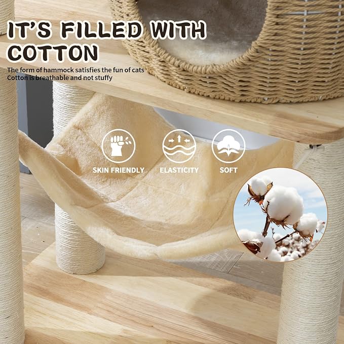 59-Inch Modern Cat Tree Tower for Large Indoor Cats, Handwoven Basket Condo | Stable multi-level structure, reinforced base, 8 cm sisal posts, clear space capsule, hammock, washable cooling & plush mats