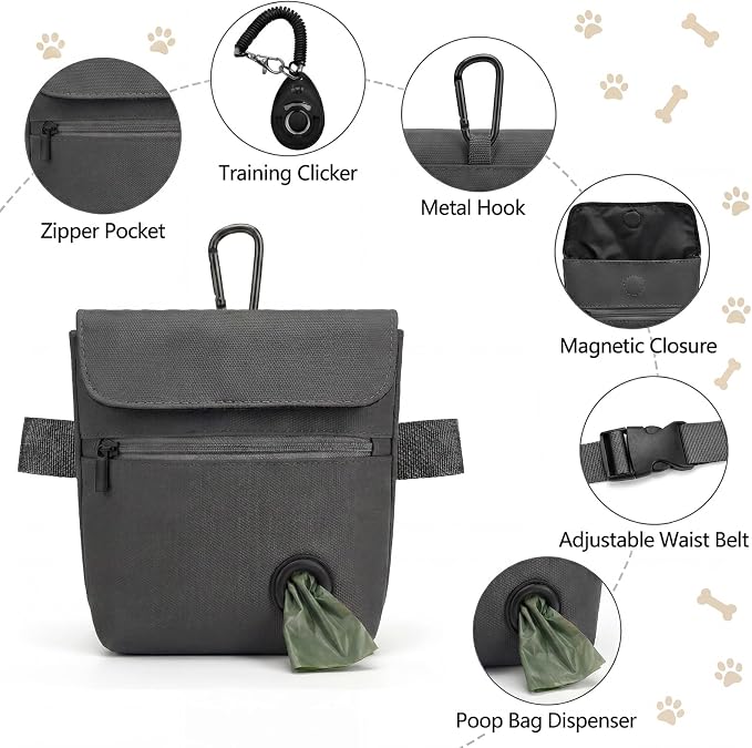 Dog Treat Pouch and Dog Training Clicker, Treat Bag with Poop Bag Dispenser, Powerful Magnetic Clasp, Metal Clip Waist Belt Fanny Pack for Pet Walk Dog Training (Dark Grey)