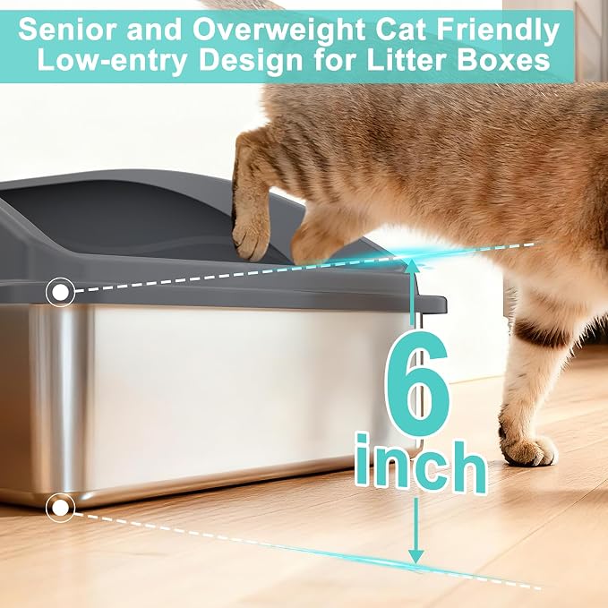AIPERRO Stainless Steel Litter Box | XL Metal Cat Litter Boxs with Lid | High Sided Litter Box for Big Cats | Anti-Urine Leakage | Non-Stick, Easy to Clean & Odor‑Resistant with Cat Litter Scoop