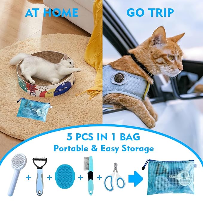 Grooming Brush Kit - 5pcs for Shedding & Matted Fur, Self-Cleaning with Flea Comb for Indoor Long-Haired Cats, Blue