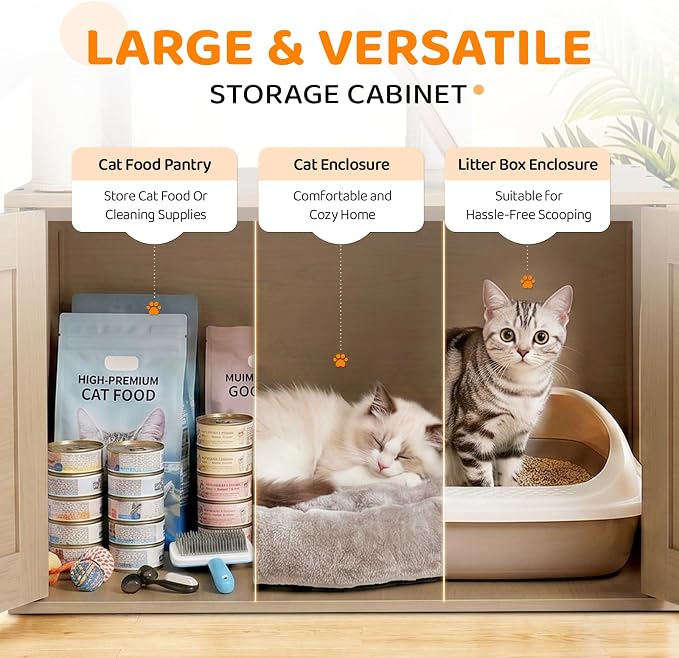 VINGLI Cat Tree Tower with Litter Box, 54" H All-in-1 Wooden Cats Condo, Cat Tower wih Scratching Posts, Houses for Indoor Kittens Hidden Cat Washroom Furniture (Light Brown Cabinet)