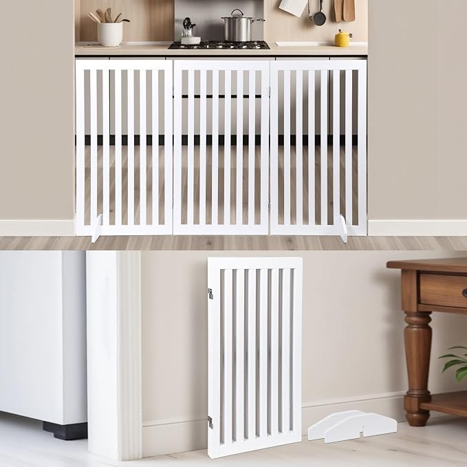 ZENY 36" H Pet Dog Gate, Foldable Freestanding Dog Door 3 Panel, Wooden Z Shape Step Over Pet Fence for Entryway, Stairs, Doorway, White