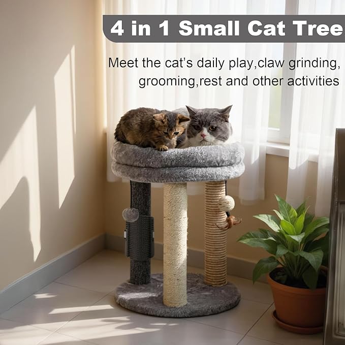 MECOOL 4in1 Small Cat Tree,Scratching Post with Tower Soft Bed, Sisal Carpet Jute Posts with Three Hanging Ball Toys and Massage Brush for Indoor Cats and Kittens