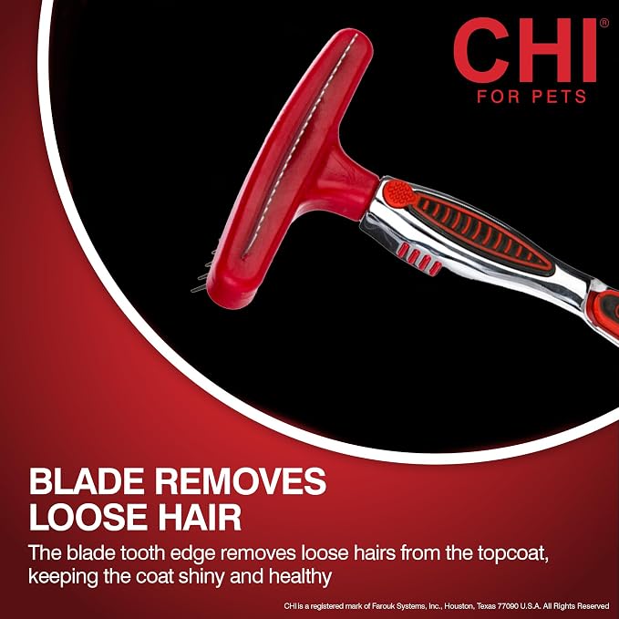 CHI for Dogs Double-Sided Shedding Rake and Blade, 2-in-1 Grooming Tool for Dematting, Deshedding, and Undercoat Removal, Ionic Technology, Ergonomic Soft Grip Handle, All Coat Types, Red
