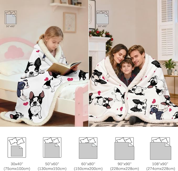 BlessLiving Boston Terrier Sherpa Blanket Queen Size 90x90 Inches - 3D Red Hearts Puppy Dog Print Super Soft Plush Fleece Throw for Adults, Women, Pet Lovers, Cute Animal Themed Gift