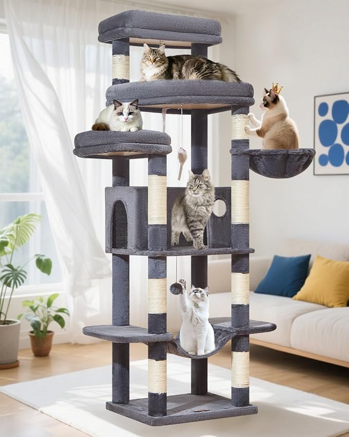 Taoqimiao Heavy-Duty Cat Tree, 71 in Cat Tower for Large Cats 20lbs+ | 3 Giant Multi-Tier Perches, Widened Cat Condo with 9 Scratching Posts, Plush Hammock & Basket, Toys, Smoky Gray, MS034G