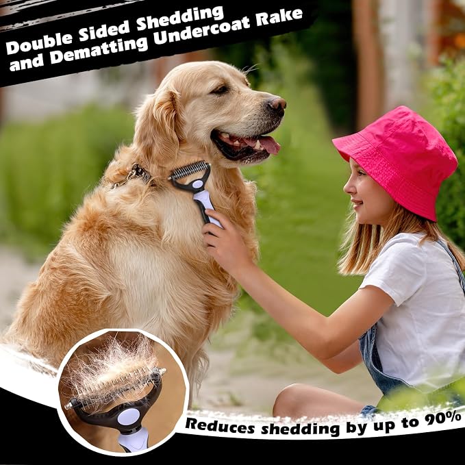 Professional 3PCS Self Cleaning Slicker Brush & Pet Grooming Rake & Flea Comb for Dogs,Cats and Horses | Double-Sided Dematting Comb & Skin Friendly Deshedding Grooming Tool (Light Purple)