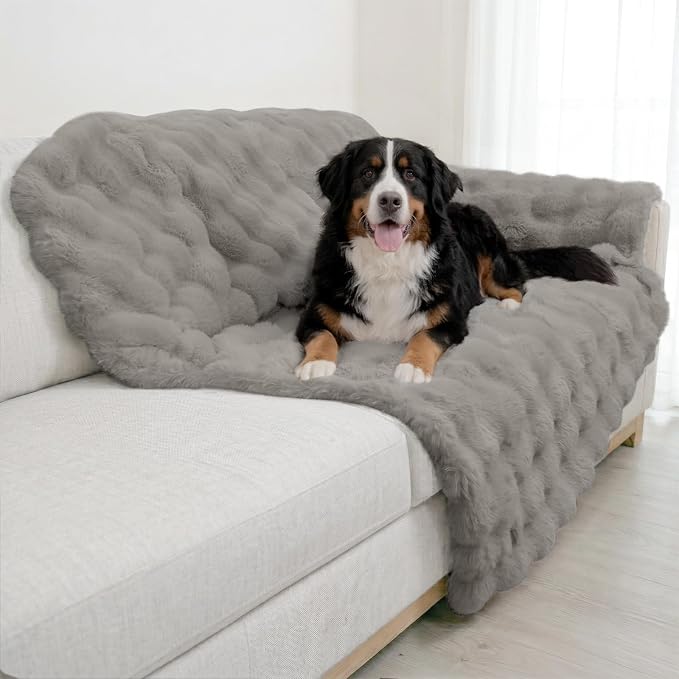 Paw Inspired Waterproof Dog Blanket, Soft Faux Fur Throw with Fur-Resistant Fleece, Washable Pet Blanket, Waterproof Protection for Couch, Bed, Furniture, Crate, Car (80x60, Gray)