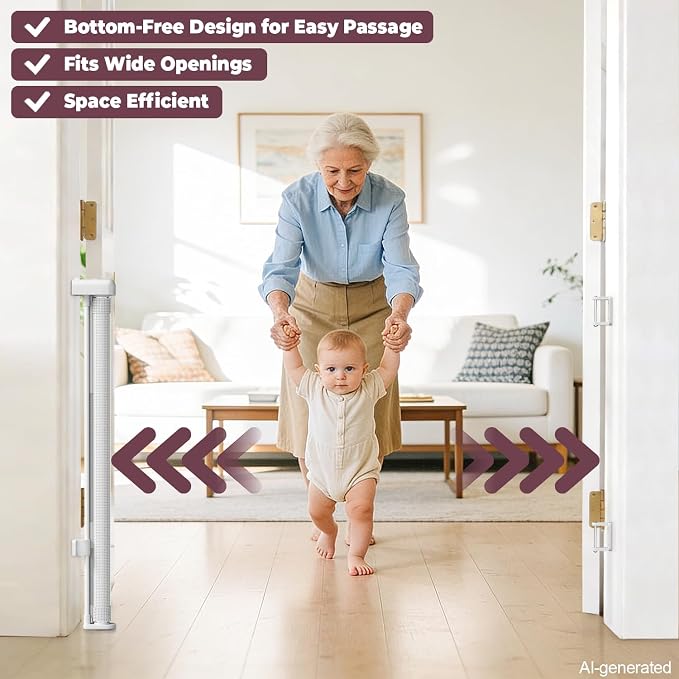 Retractable Baby Gates for Doorways, 58" Extra Wide Mesh Child Dog Gate for Stairs, 34" Tall Toddler Pet Gate Indoor and Outdoor, Easy Install, Home Necessity, White