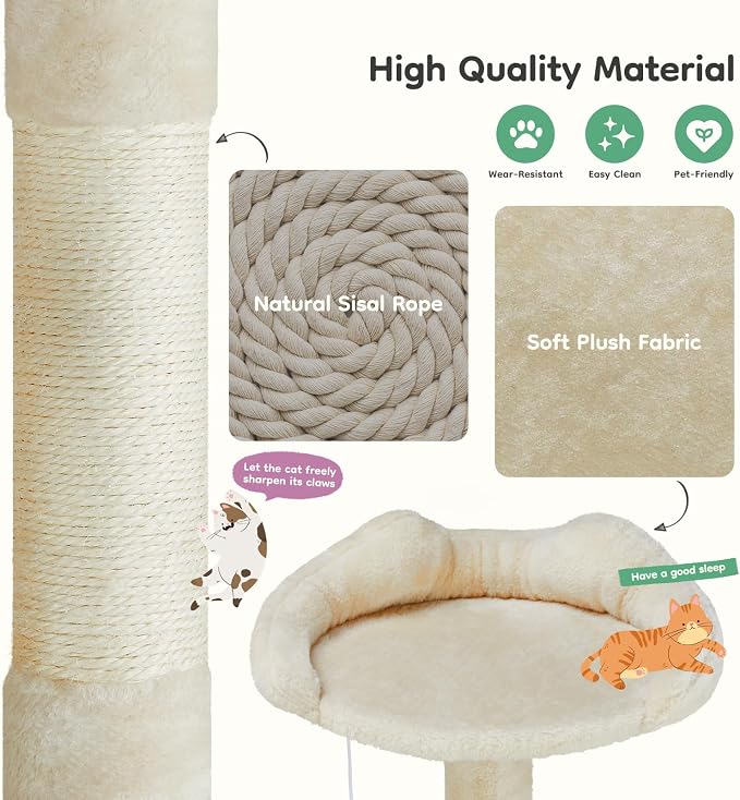 DUMOS 54 Inch Cat Tree Tower with Scratching Posts | Indoor Multi-Level Pet House for Large Cats with 2 Condos, Round Platform, Small Ladder and Toys, Beige