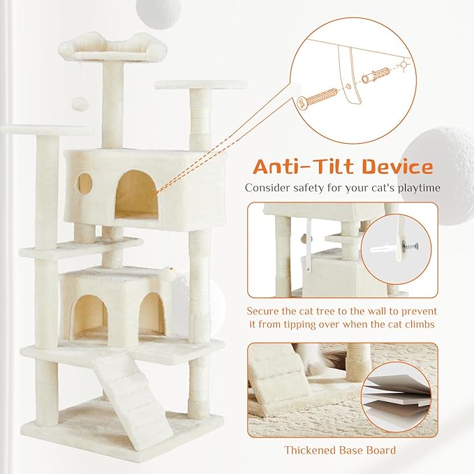 Sweetcrispy 54-inch Cat Tree Tower with Scratching Posts, Indoor Use | Multi-Level Indoor Cat Tree Condo with Climbing Ladder, Plush Toy, Play House for Kitten, Beige
