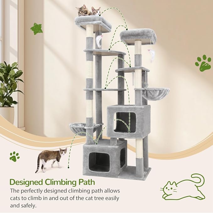 Globlazer S74E Pro Heavy Duty Maine Coon Cat Tree for Large Cats,Light Grey | 74in Sturdy Multi-Level Tall Cat Tree Tower for Indoor Adult Cats with Scratching Posts, 2 Cat Condos, 2 Top Perches