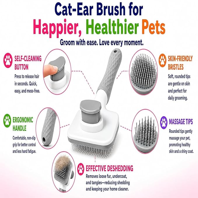 Generic Pet Grooming Brush, Gray - Self Cleaning Dematting Comb for Cats and Dogs, Bristles with Massage Particles, Ergonomic Handle Design, Easy to Use, for Long or Short Hair Breeds, Stainless Steel