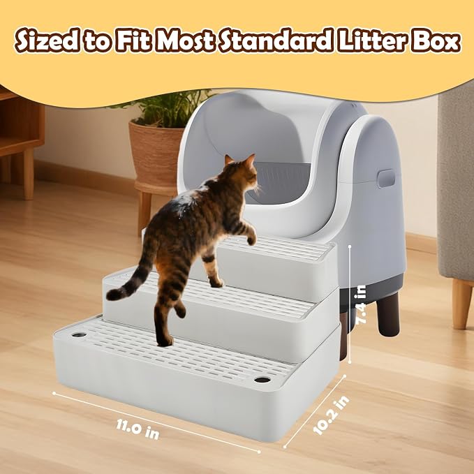 SpaceTime Adjustable Cat Ramp Cat Steps for Litter Box,Detachable Elevated Litter Mat Trapping Litter Box Mat with Filter Function for Floor,Non-Slip Catcher Stair for Small & Elderly Cats (Grey)