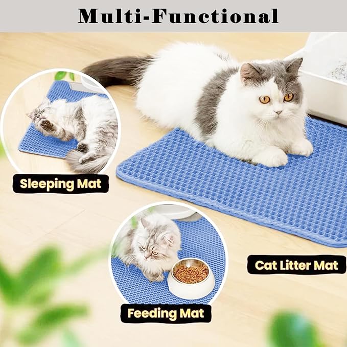 HCY&WLD Cat Litter Mat, Double Layer Cat Litter Box Mat (35x24 Inch, Blue) | Waterproof Urine-Proof Non-Slip Litter Trapping Mat, Soft on Kitty Paws, Scratch-Resistant, Scatter Control, Easy to Clean