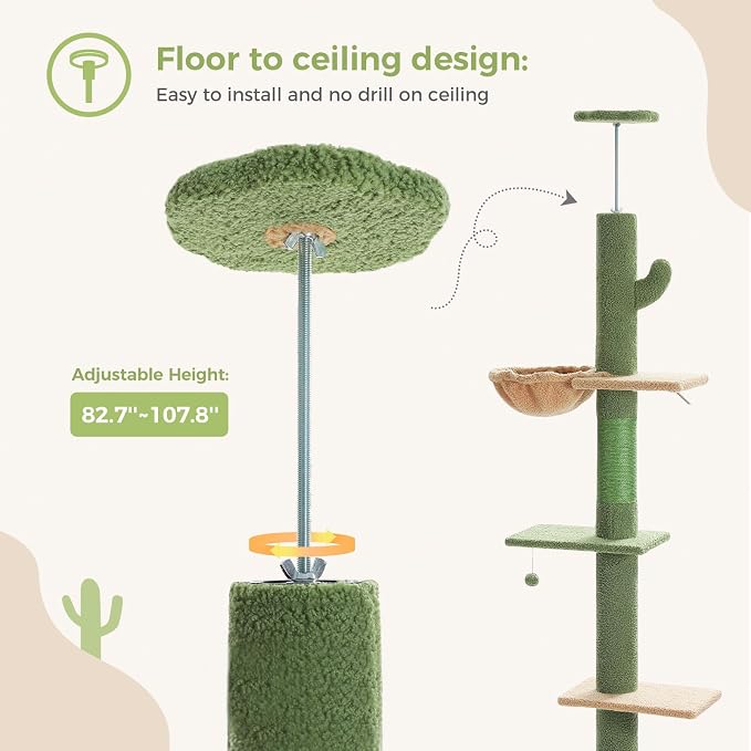 PEQULTI Floor to Ceiling Cat Tree, Adjustable 83-108in 5-Level Tower, Green | Tension-mounted tall cat tower with 5 levels, cozy condo, hammock & sisal scratching post; wide base for indoor adult cats