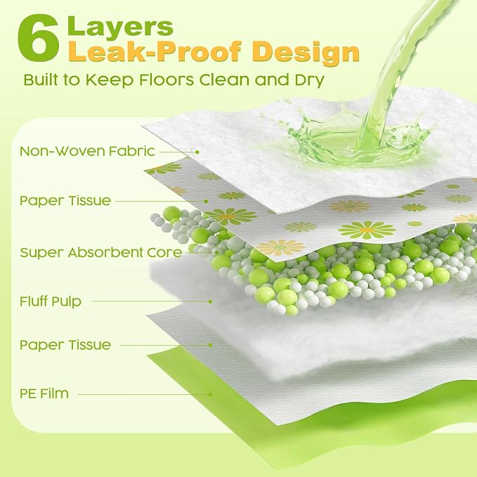 MIZOK Puppy Pads 100 Counts 22"x22" , Dog Pee Pads 6-Layer Super Absorbent & Leak-Proof, Daisy Pattern, 4-Corner Adhesive Tabs, Wee Wee Pads for Puppies & Small Dog Breeds