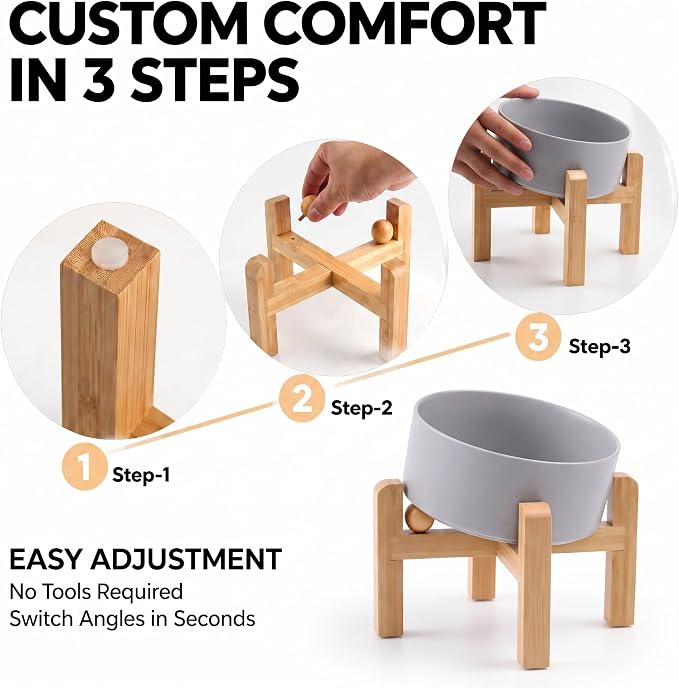 hjn Elevated Ceramic Dog Bowl 15°Slanted Raised Dog Bowl with Bamboo Stand for Small Medium Dogs and Cats, Pet Feeder -7.6-Cup (1800ml)-Gray