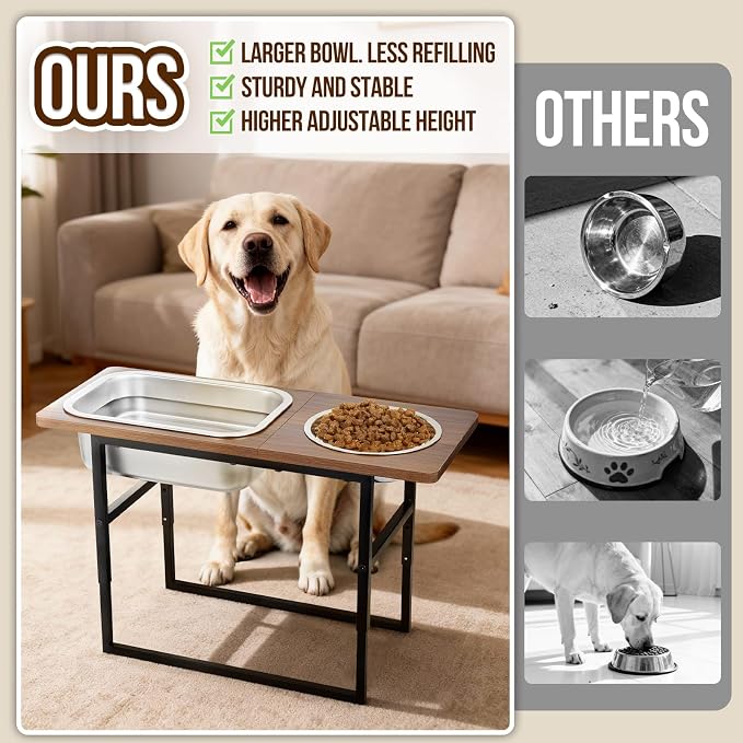 Elevated Dog Bowls for Large and X-Large Breed, 2 Stainless Steel Bowls | 2 Adjustable Heights 14" or 12" Raised Dog Water and Food Bowl with Metal Stand (Upgraded Extra-large Water Bowl)
