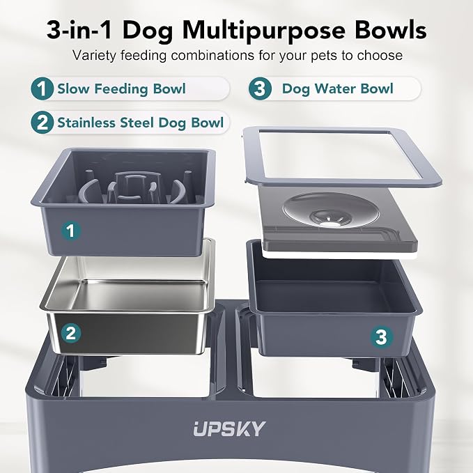 UPSKY 3-in-1 Elevated Dog Bowls Set with 4 Height Adjustable Stand, Blue | 304 Stainless Steel Bowl, No Spill Water Bowl, Slow Food Bowl, Anti-Slip, Dishwasher Safe, Suitable for Small Medium Dogs