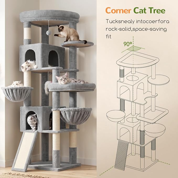 Globlazer Maine Coon Corner Cat Tree for Indoor Cats 74in, C74, Light Grey | Tall Heavy Duty Cat Tower for Large Multiple, 2 Big Platforms, 2 Extra Large Cat Condos, 2 Baskets, Sisal Scratching Board