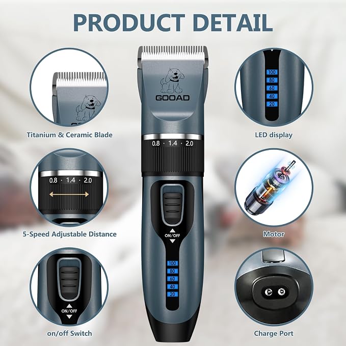 4 in 1 Dog Clippers Grooming Kit and Paw Trimmer for Thick Hair&Coats | 3-in-1 Clipper+Paw Trimmer+Nail Grinder, <60dB Quiet, Cordless,LED Display, 4 Guide Combs, Detachable Titanium-Ceramic Blade