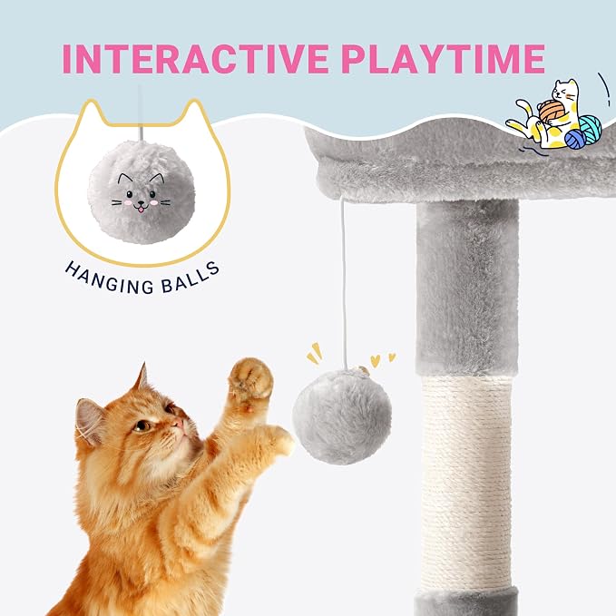 Allewie 29.5in Indoor Cat Tree, Multi-Level Cat Tower with Sisal Scratching Posts, Padded Perch, Basket, Condo, and Hanging Ball, Suitable for Kittens and Adult Felines, Grey