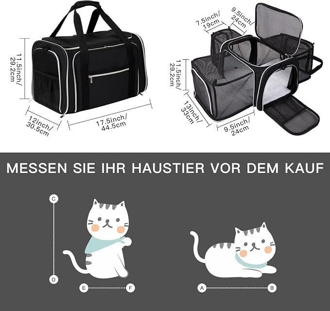 BAGLHER Expandable Cat Carrier with Travel Litter Box, Pet Travel 5 Sides Open Doors 3 Sides, Leak-Proof and Collapsible, for Car, Airplane Trip, Black