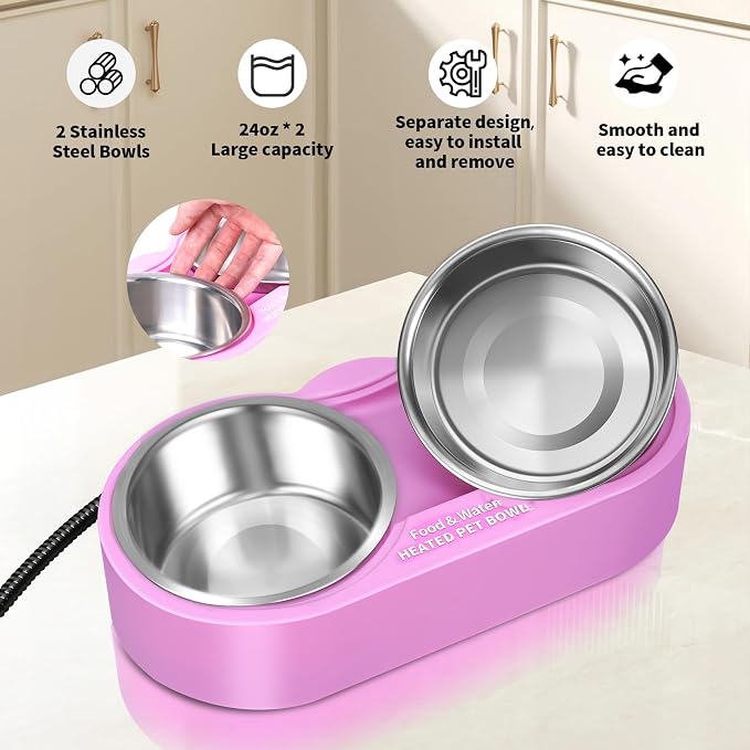 Heated Water Bowl for Dog & Cat, Outdoor Indoor Heated Pet Bowl with 2 Stainless Steel Bowl 48 OZ Large Capacity Provide Non Freezing Water & Food in Winter Double Heated Sink