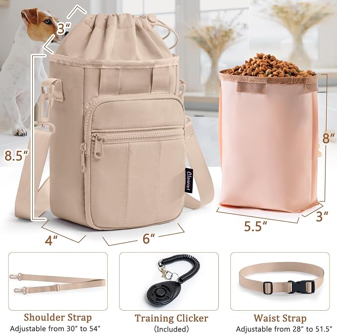 Stylish Dog Training Treat Pouch with Waist & Shoulder Strap, Dog Treat Bag for Walking and Training, Removable Waterproof Liner, Drawstring Treat Holder with Front Pocket & Clicker