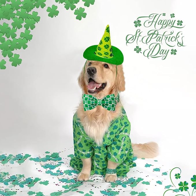 DOGWONG St.Patrick's Day Dog Collar Green Clovers Plaid Bowtie Dog Necklace Adjustable Dog Collar Bow Tie for Small Medium Large Dogs