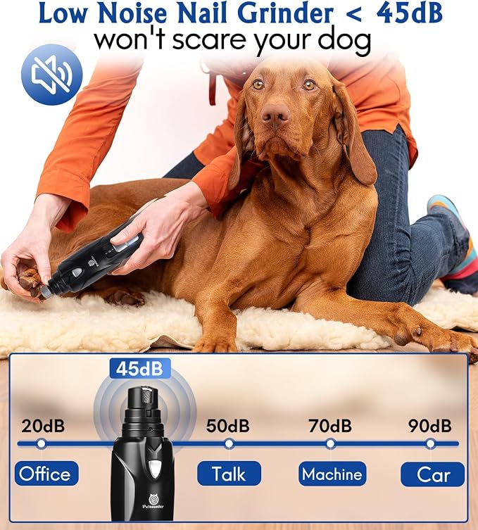 Petsaunter Dog Nail Grinder, 2-Speed and LED Light, Touch-Switch, TypeC, Quiet and Low-Vibration Dog Nail Trimmers, and 3 Ports for Large Dogs, Medium, Small Dogs Cats Pets with Hard or Thick Nail