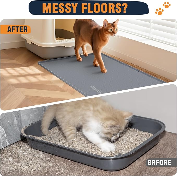 Cat Litter Mat, 34"x22" Waterproof Silicone, Litter Trapping | Large Size, Non-Slip Floor Pad, Easy to Clean, Indoor Cats, for Litter Box, Traps Litter & Dirt, Blue