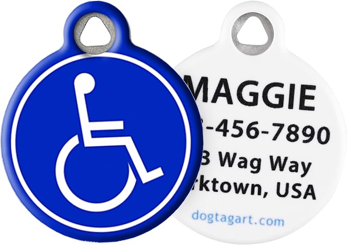 Handicapped Symbol Medical Alert Pet ID Tag for Dogs and Cats, Silent Polymer Coated Stainless Steel Nametag with Customized Identification Information - Small .875" Diameter