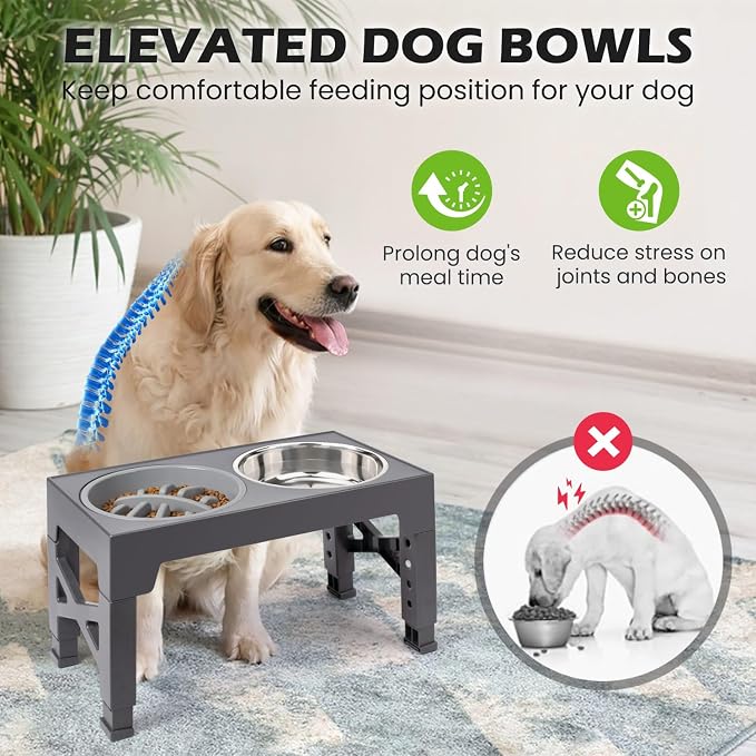 Elevated Dog Bowls with 5 Adjustable Heights Stand | 2 Stainless Steel Bowls, 1 Slow Feeder, 3.2" to 12.2" Hegiht Raised Dog Bowl for Small to Large Dogs