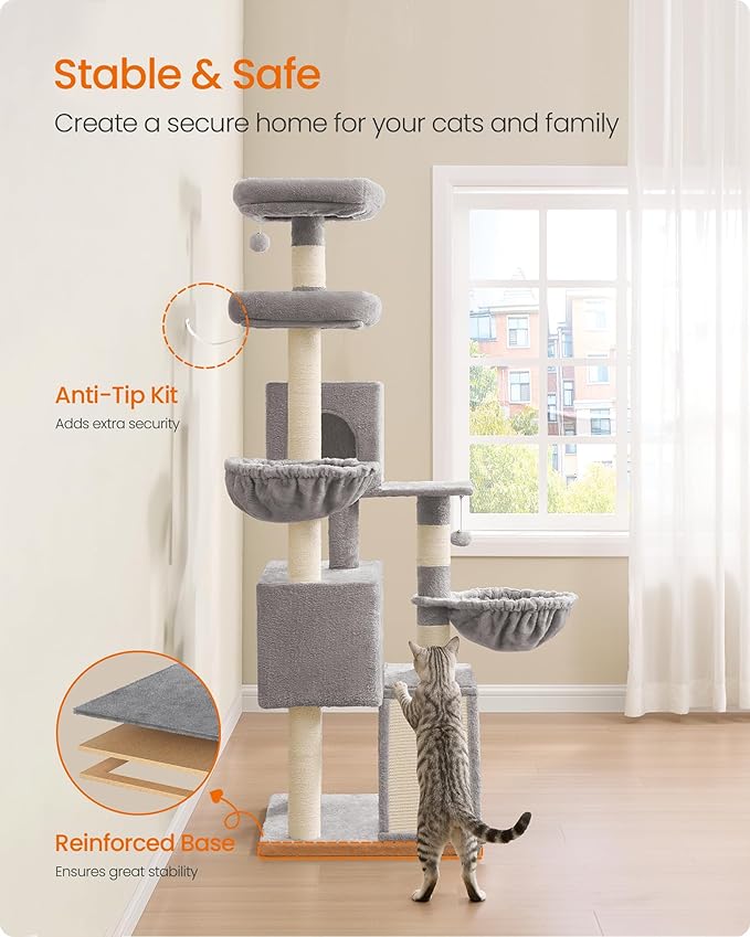 Feandrea Cat Tree, 68.5-Inch Tall Cat Tower, Multi-Level Plush Condo with Large Perch, Scratching Posts, Double Caves, Dove Gray UPCT006G01