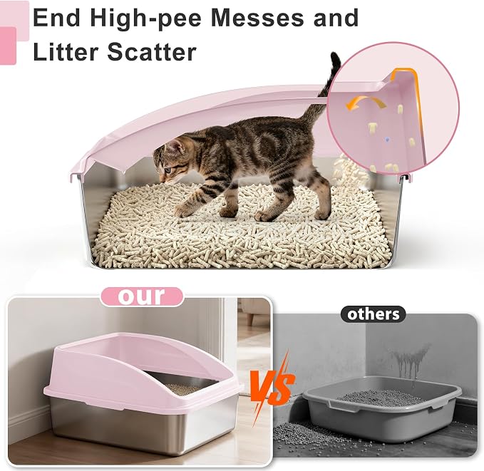 AIPERRO Stainless Steel Litter Box | XL Enclosed Cat Litter Box with Lid for Big Cats | High Sided, Anti-Urine Leakage | Non-Stick Bottom & Includes Litter Mat & Metal Scoop | Cute Pink