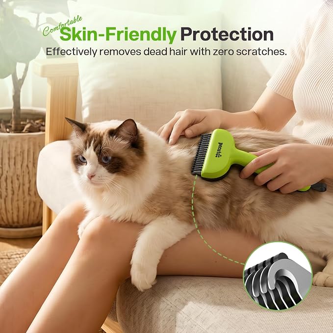 Pecute Self-Cleaning Undercoat Rake for Dogs Cats with Thick Double Coats | 1-click clean, 304SS, 18 rounded teeth, For seasonal heavy shedding & matting, Gentle on pets, Ideal for long/dense coats