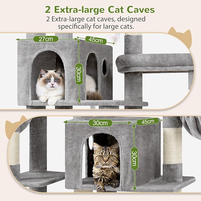 Globlazer 74in Large Sturdy Cat Tree for Large Cats, F74F, Light Grey | Tall Maine Coon Cat Tower for Indoor Cats Large Adult with 8 Scratching Posts, 2 Spacious Cat Condos, 3 Perches