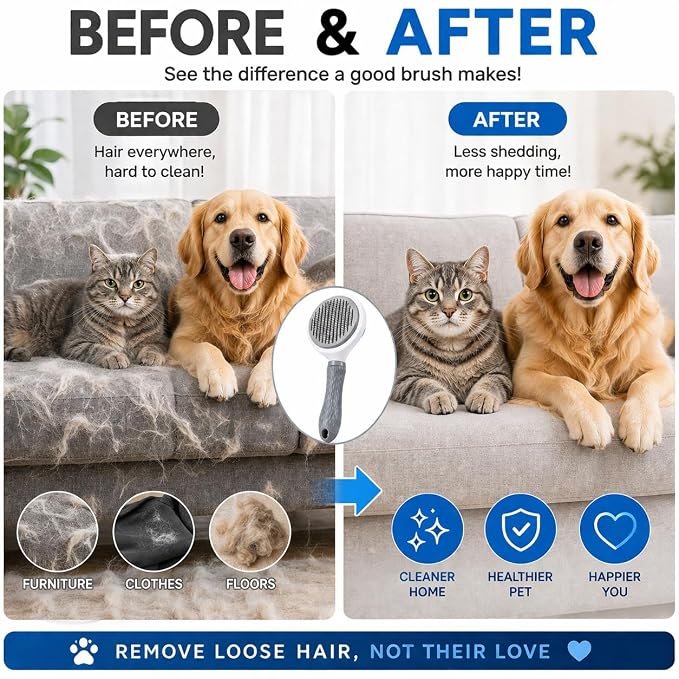 Pet Grooming Deshedding Brush, Self-Cleaning Massaging Brush for Dogs and Cats, Short and Long Hair (Rray)