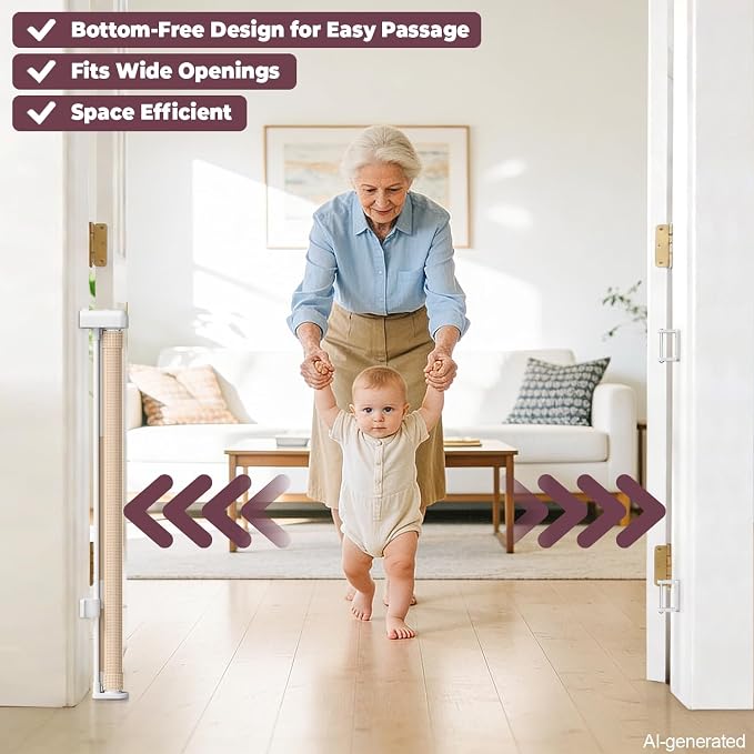 Retractable Baby Gates for Doorways, 58" Extra Wide Mesh Child Dog Gate for Stairs, 34" Tall Toddler Pet Gate Indoor and Outdoor, Easy Install, Home Necessity, Beige
