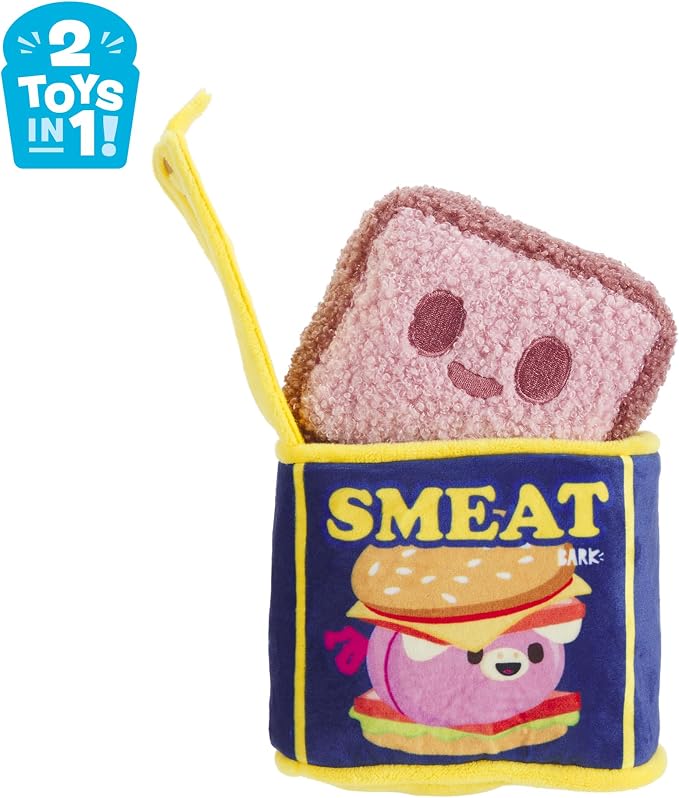 BarkBox Canned Smeat Dog Toy | 2-in-1 Plush Set with 2 Squeakers & Crinkle | Multi-Part Squeak Toy for Extra Small to Small Dogs
