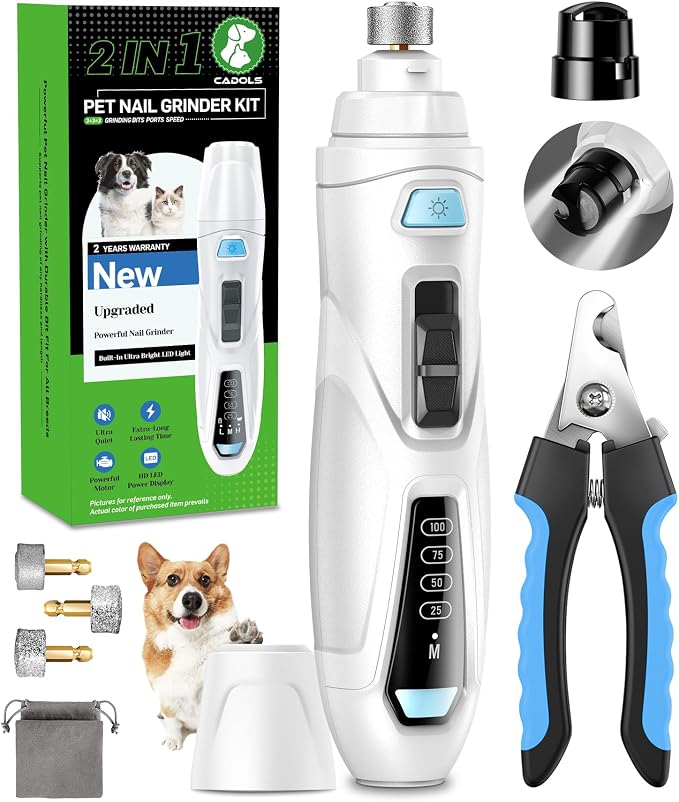 CADOLS Dog Nail Grinder & Clipper 2-in-1 Set - 25dB Ultra Quiet with 3 Grinding Wheels & 2 LED Lights, Rechargeable for Large/Puppy Dogs & Cats, 3-Speed Adjustable for Anxious Pets