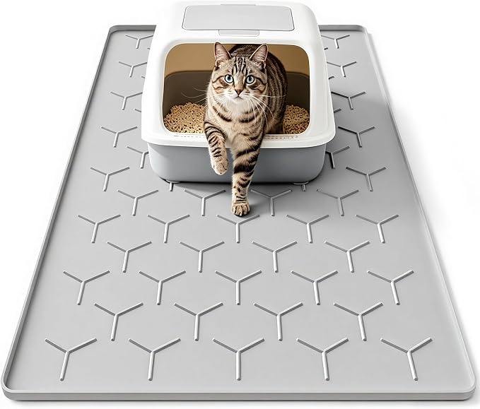 Bulkniu Silicone Cat Litter Mat, 24"x16", Raised Edge Waterproof, Grey | Litter Trapping & Recycling, Easy to Clean, Non-Slip, Durable Safe & Odorless, Paw Friendly