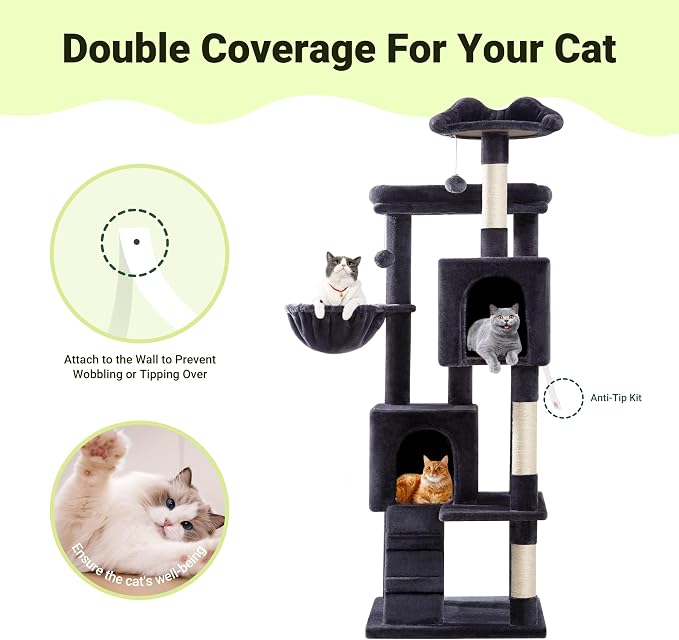 Allewie 64 Inches Multi-Level Cat Tree Tower for Indoor Cats, Dark Grey | Activity Center for Big Felines, 2 Plush Condos, 2 Perches, Cozy Basket, House, Sisal Scratching Posts, Hanging Cat Toys